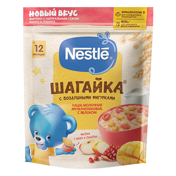 Каша молочная Nestle мультизлаковая с фигурками из пшеницы яблоко-манго-гранат 190г с 12месяцев