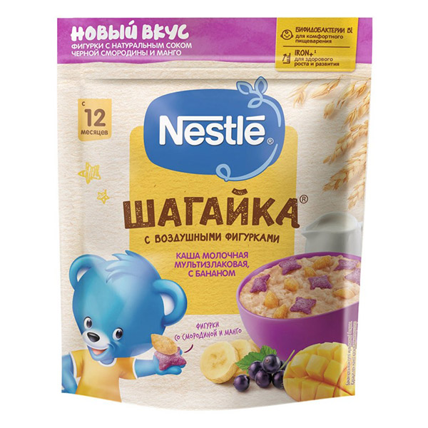 Каша молочная Nestle мультизлаковая с фигурками из пшеницы банан-манго-черная смородина 190г с 12месяцев