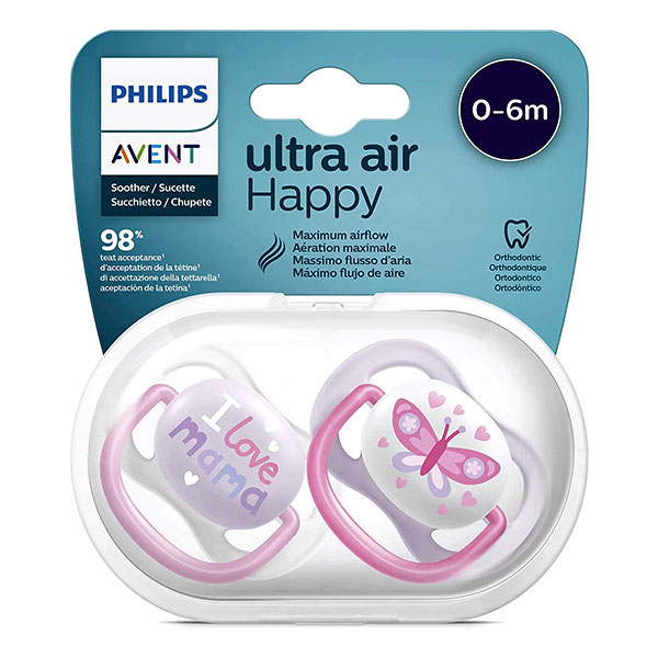 Пустышка Philips Avent Ultra Air Happy I love mama 2шт. 0-6мес. SCF080/02