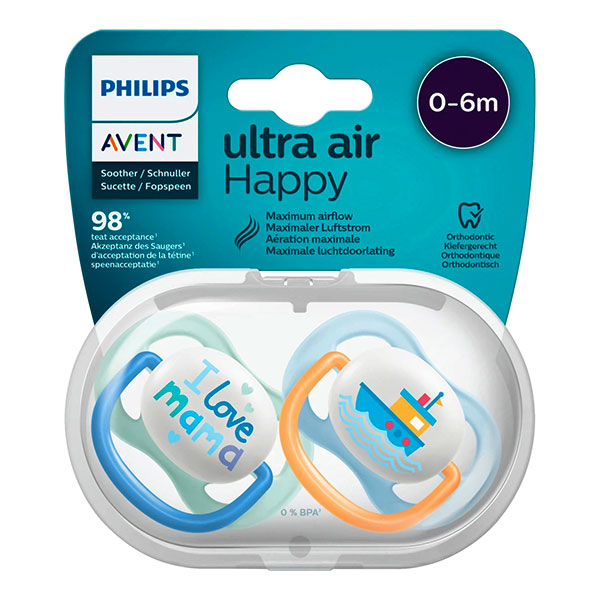 Пустышка Philips Avent Ultra Air Happy I love mama корабль 0-6 мес 2 шт