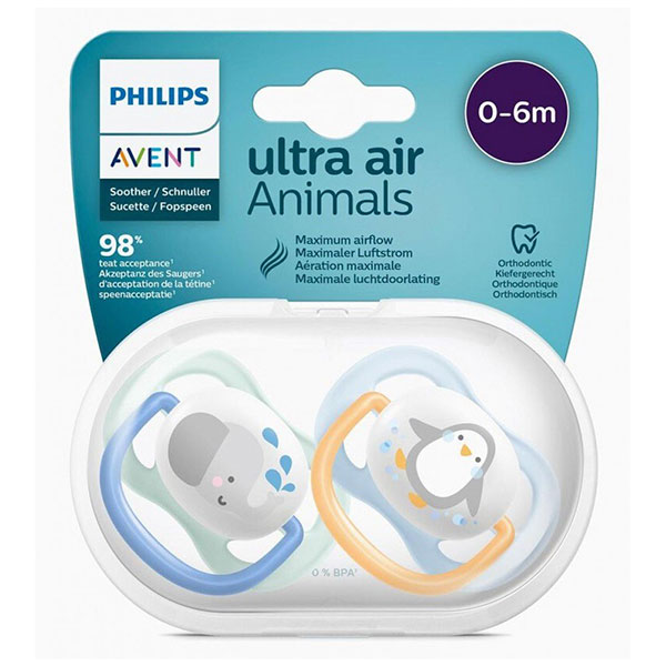 Philips Avent Пустышка Ultra Air Animals слон и пингвин 0-6 мес 2шт