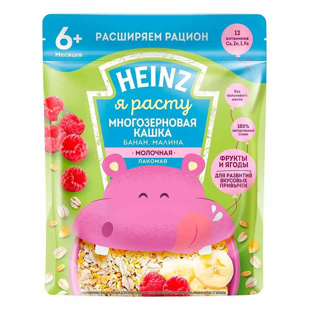 Каша Heinz молочная Лакомая многозерновая с бананом, малиной 170 гр с 6+ мес