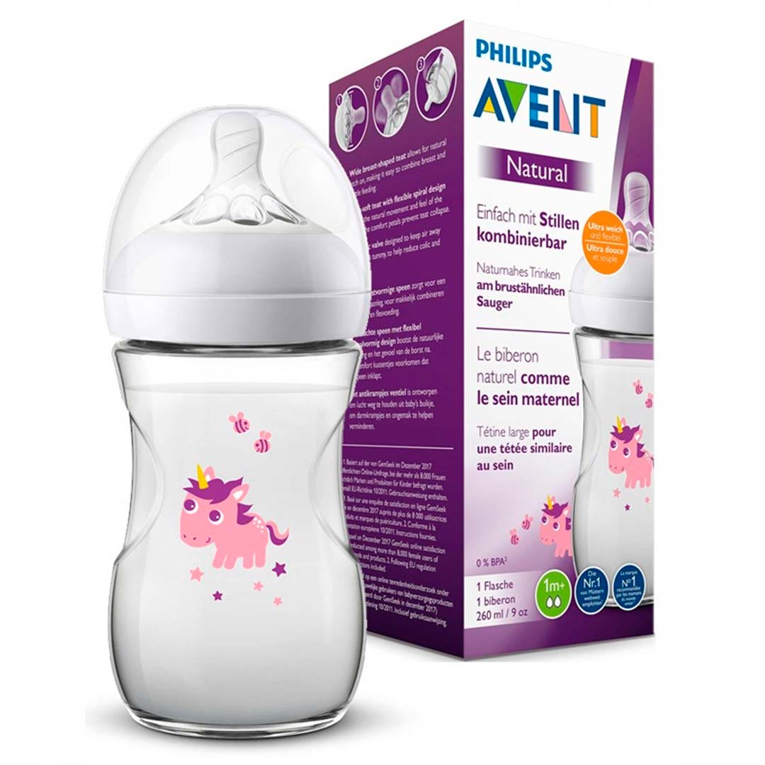 Philips Avent Пластиковая бутылочка Natural Единорог 1+мес 260 мл SCF070/25