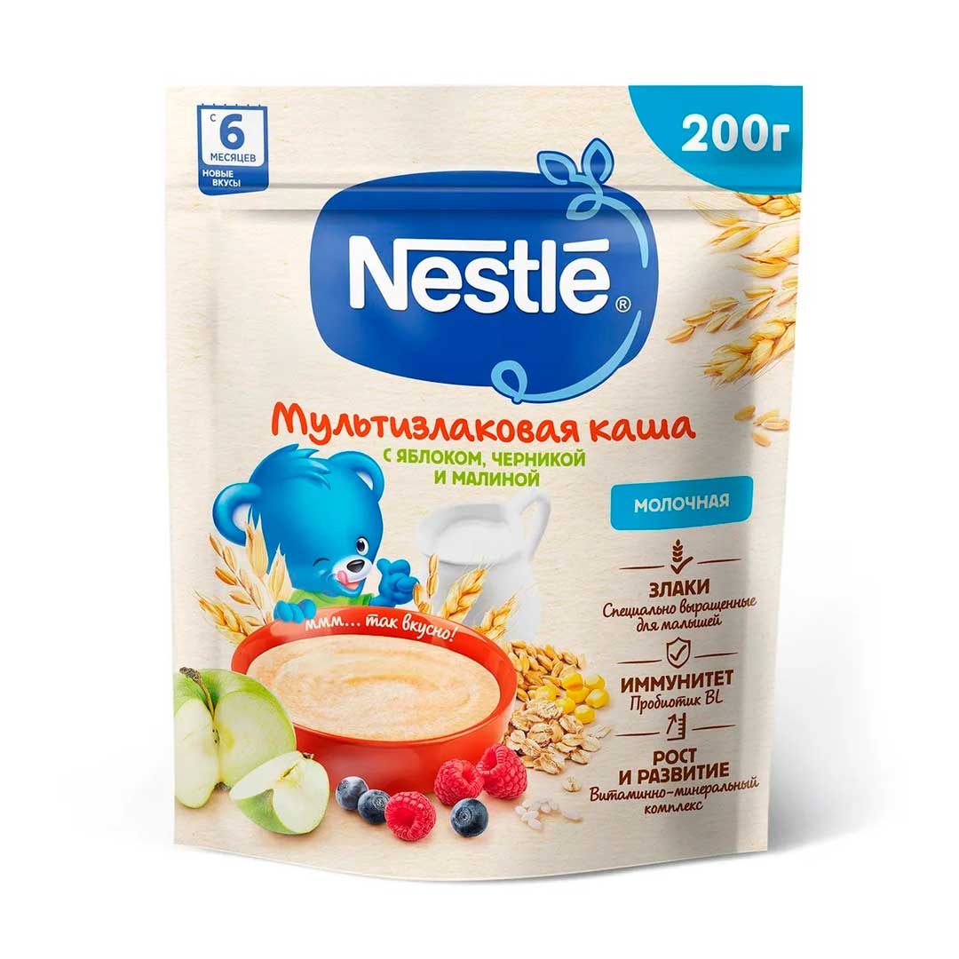 Каша молочная Nestle мультизлаковая яблоко-черника-малина 200 гр с 6+ мес