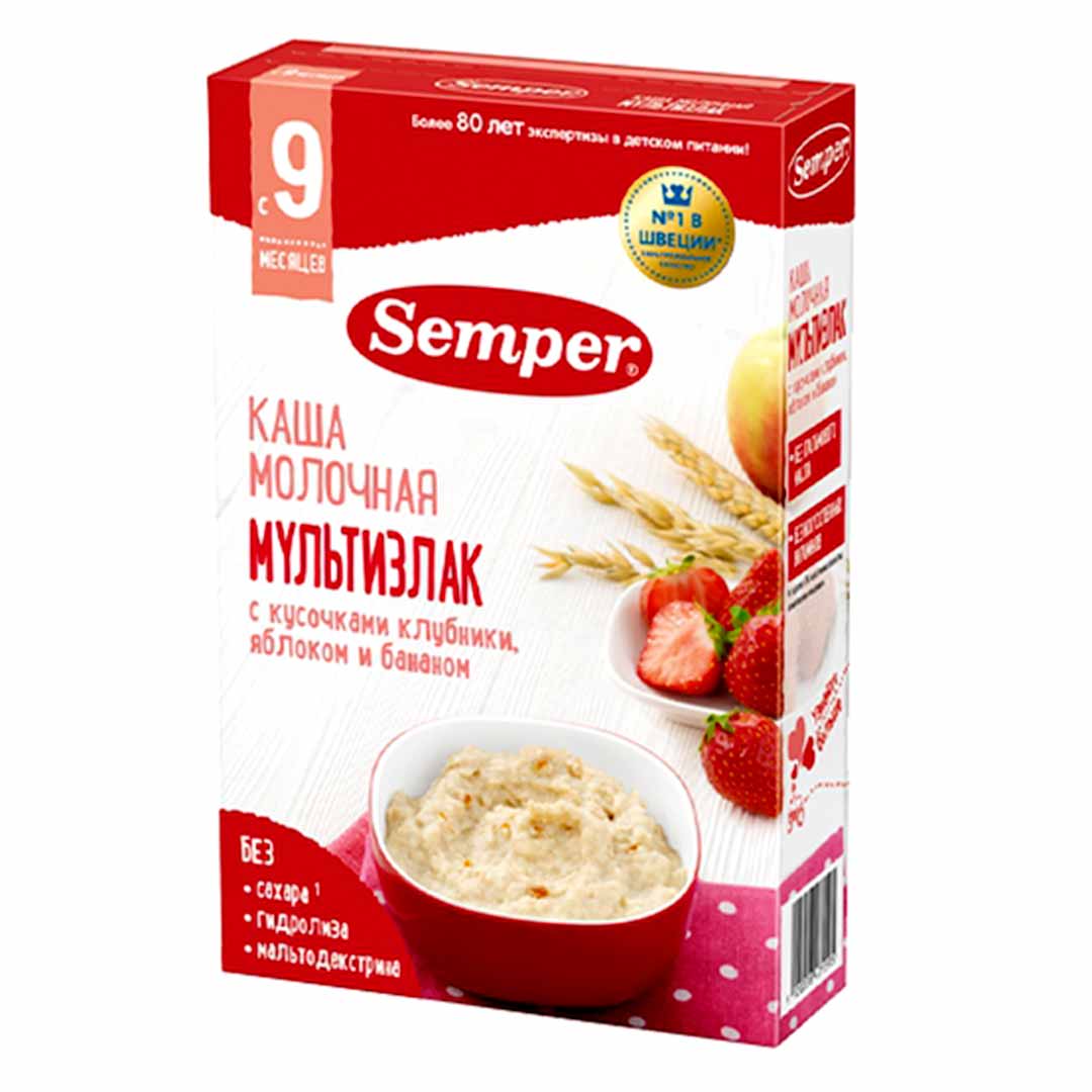 Каша Semper молочная мультизлаковая клубника яблоко банан 180 гр 9+ мес