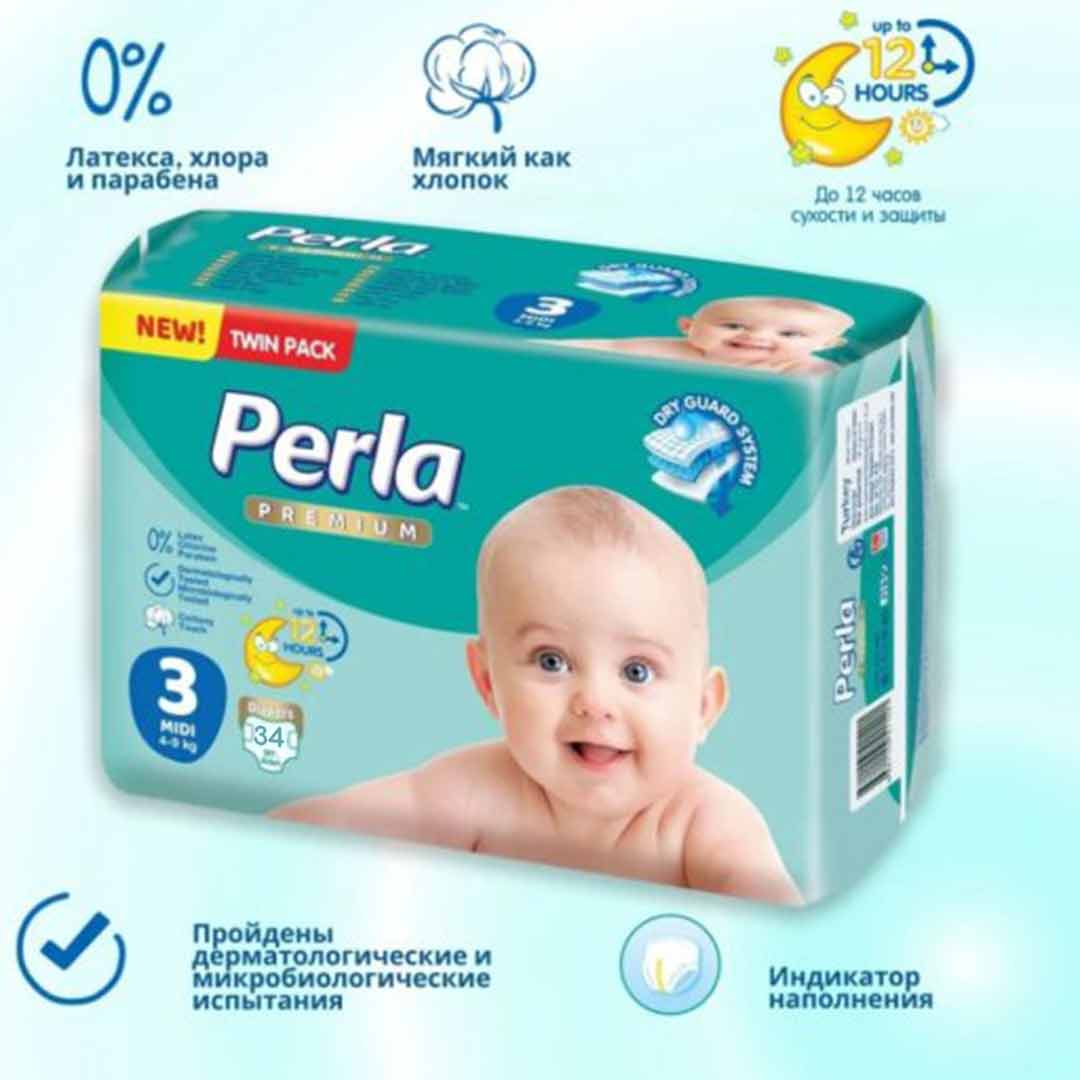 Подгузники PERLA PREMIUM TWIN PACK 3 MIDI 4-9 кг 34 шт