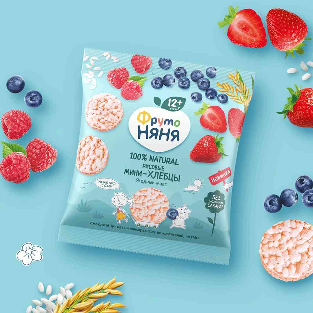 ФрутоНяня Мини хлебцы рисовые  с яблоком и клубника черника малина 30 г 12+ мес
